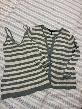 BCBGMaxAzria Striped Knit Tank & Cardigan Set - gray and Cream
